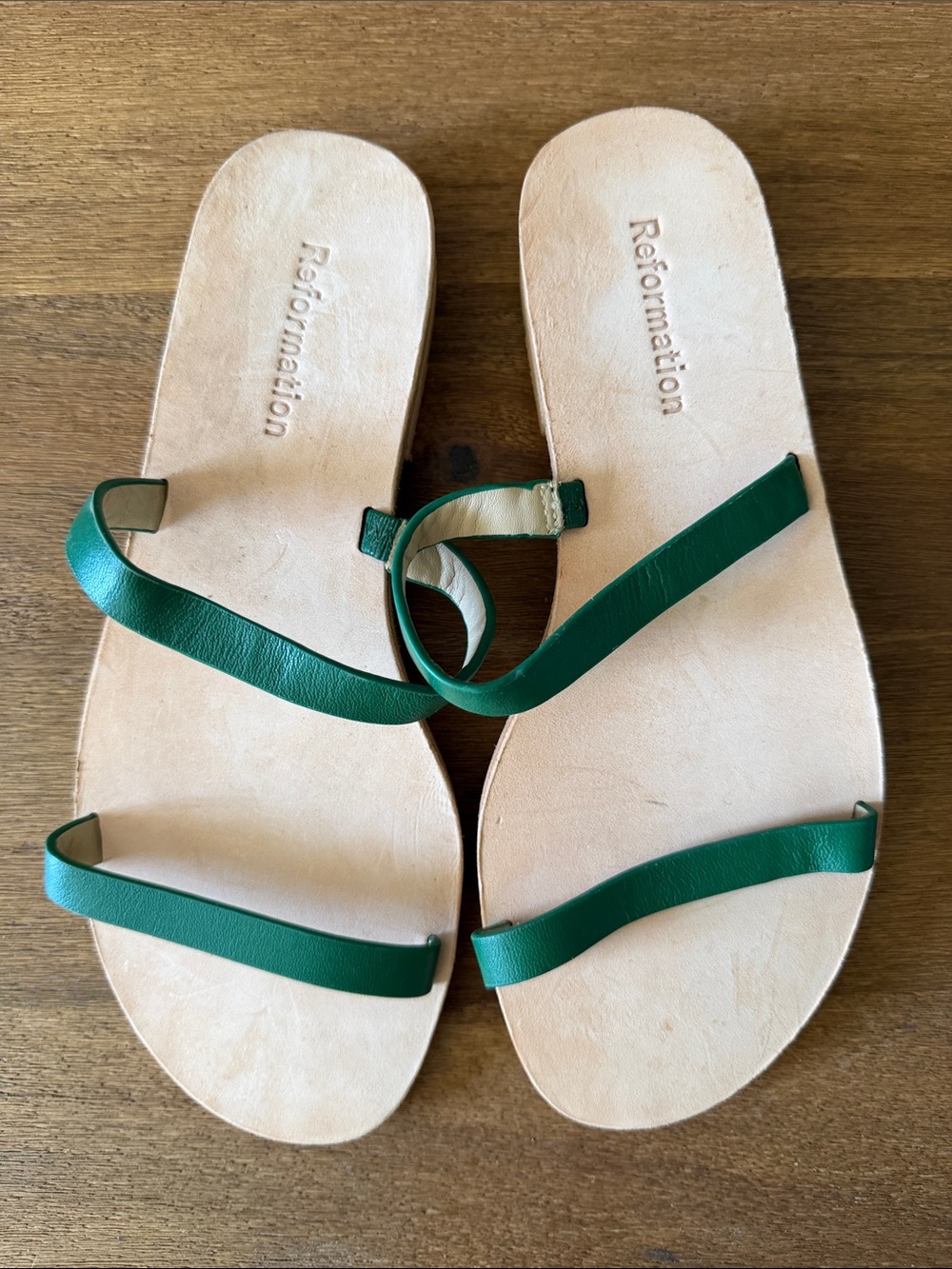 Reformation Emerald Green Leather Strap Slide Sandals